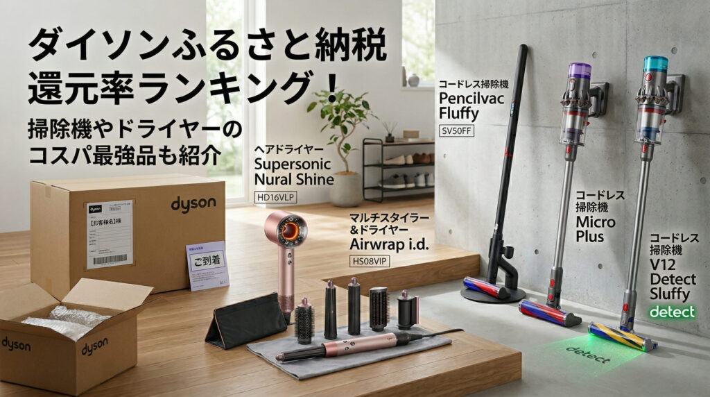 ふるさと納税で頼んだダイソンが自宅に届いて、商品をリビングで並べている