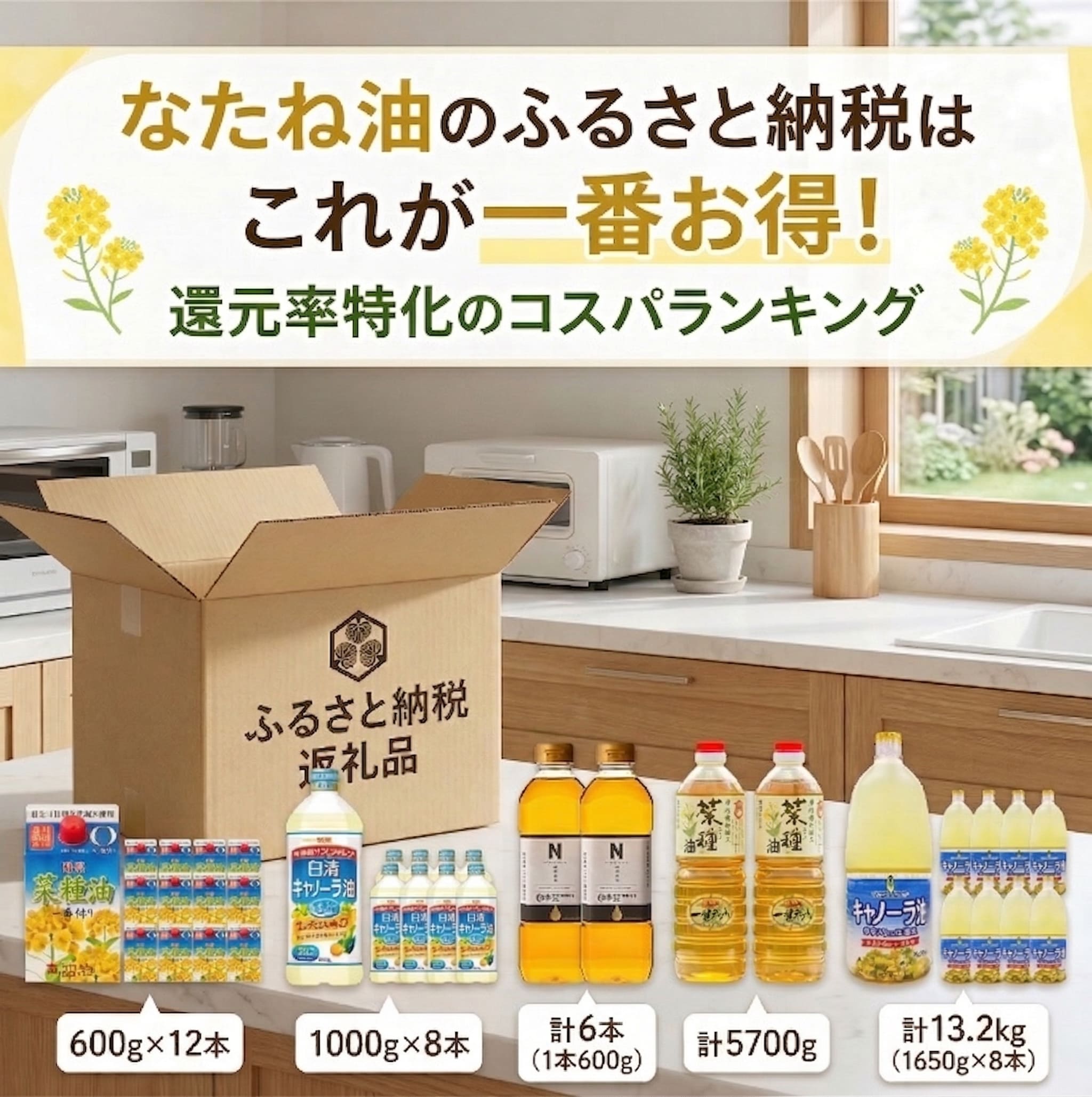 なたね油がふるさと納税で届き、自宅のテーブルに広げている