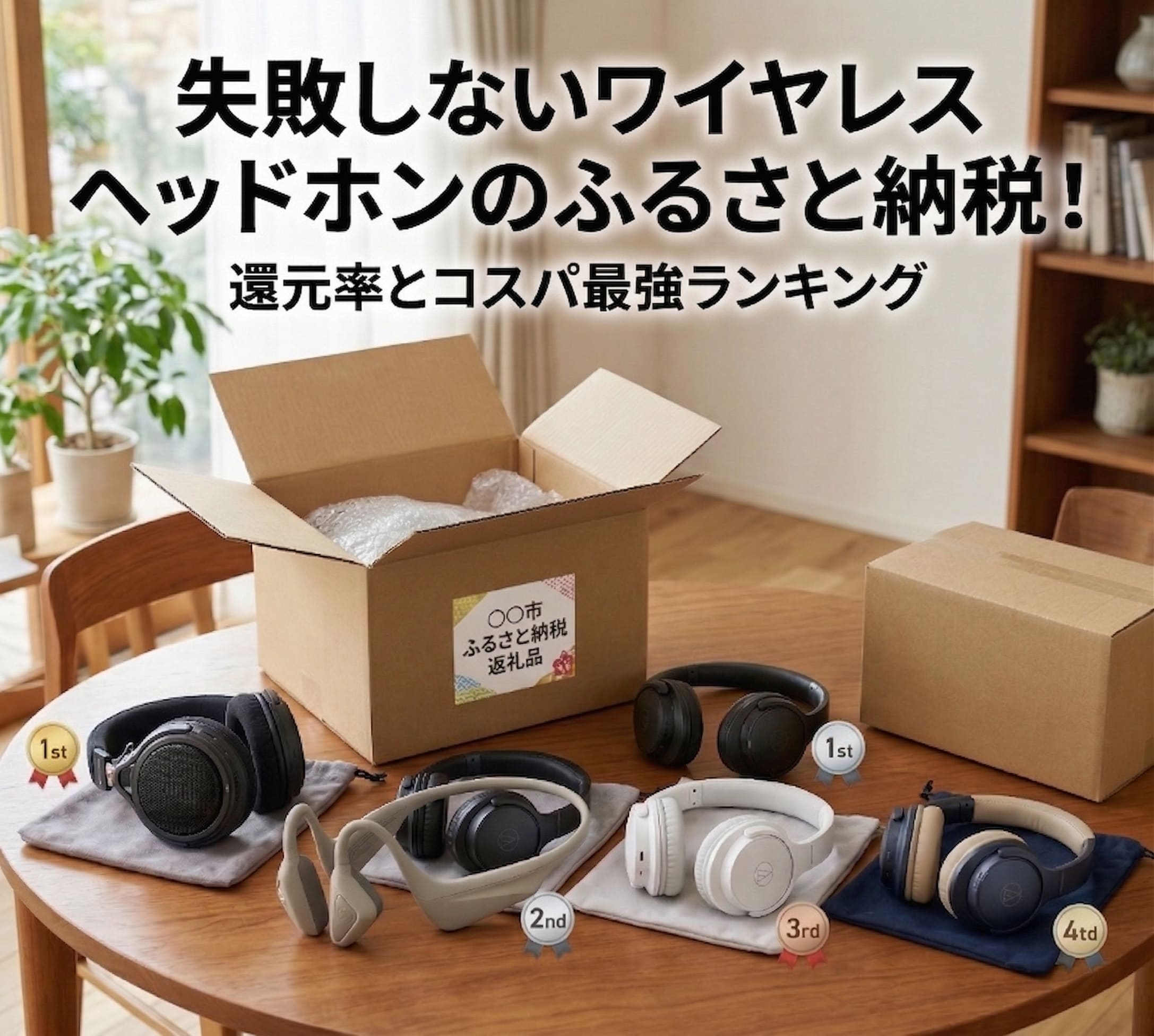 ふるさと納税の届いたワイヤレスヘッドホンが自宅のテーブルに並んでいる