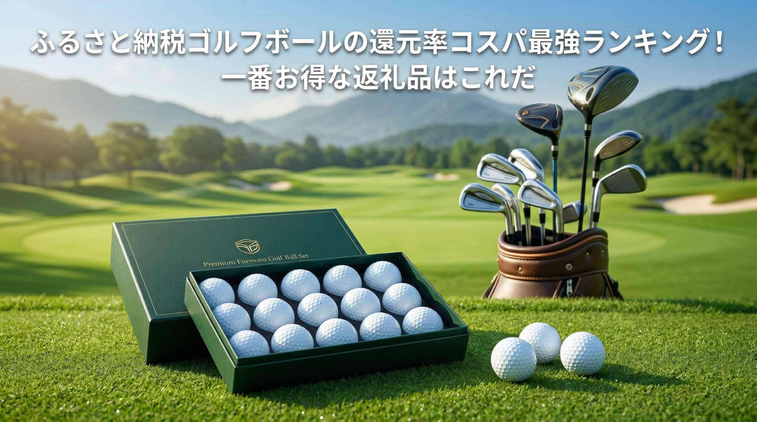 ふるさと納税の返礼品でゴルフボールが届き、ゴルフクラブと一緒に撮った画像