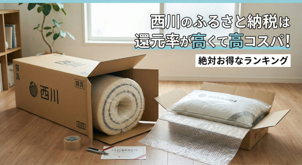 西川の商品がふるさと納税の返礼品で届き、自宅で広げている画像