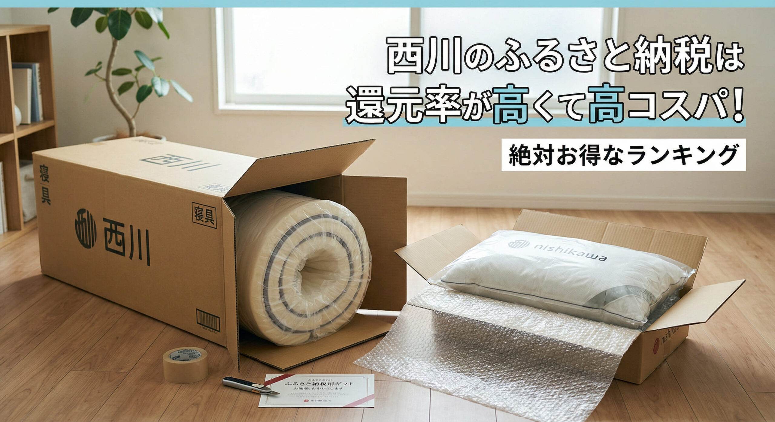 西川の商品がふるさと納税の返礼品で届き、自宅で広げている画像