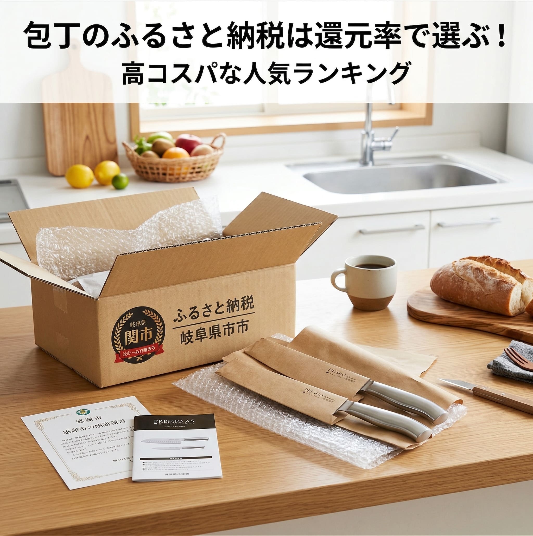 包丁がふるさと納税で届きキッチンで開封している画像