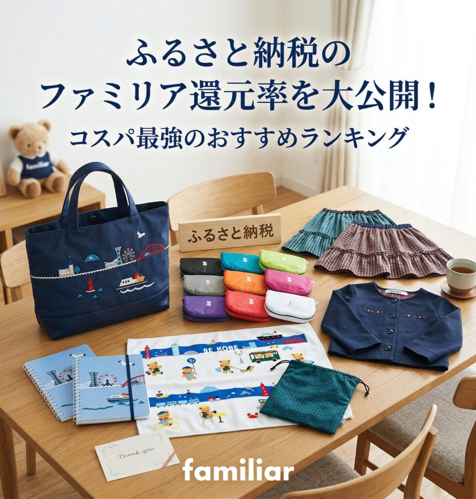 ふるさと納税でファミリアの商品が自宅に届いて広げている画像