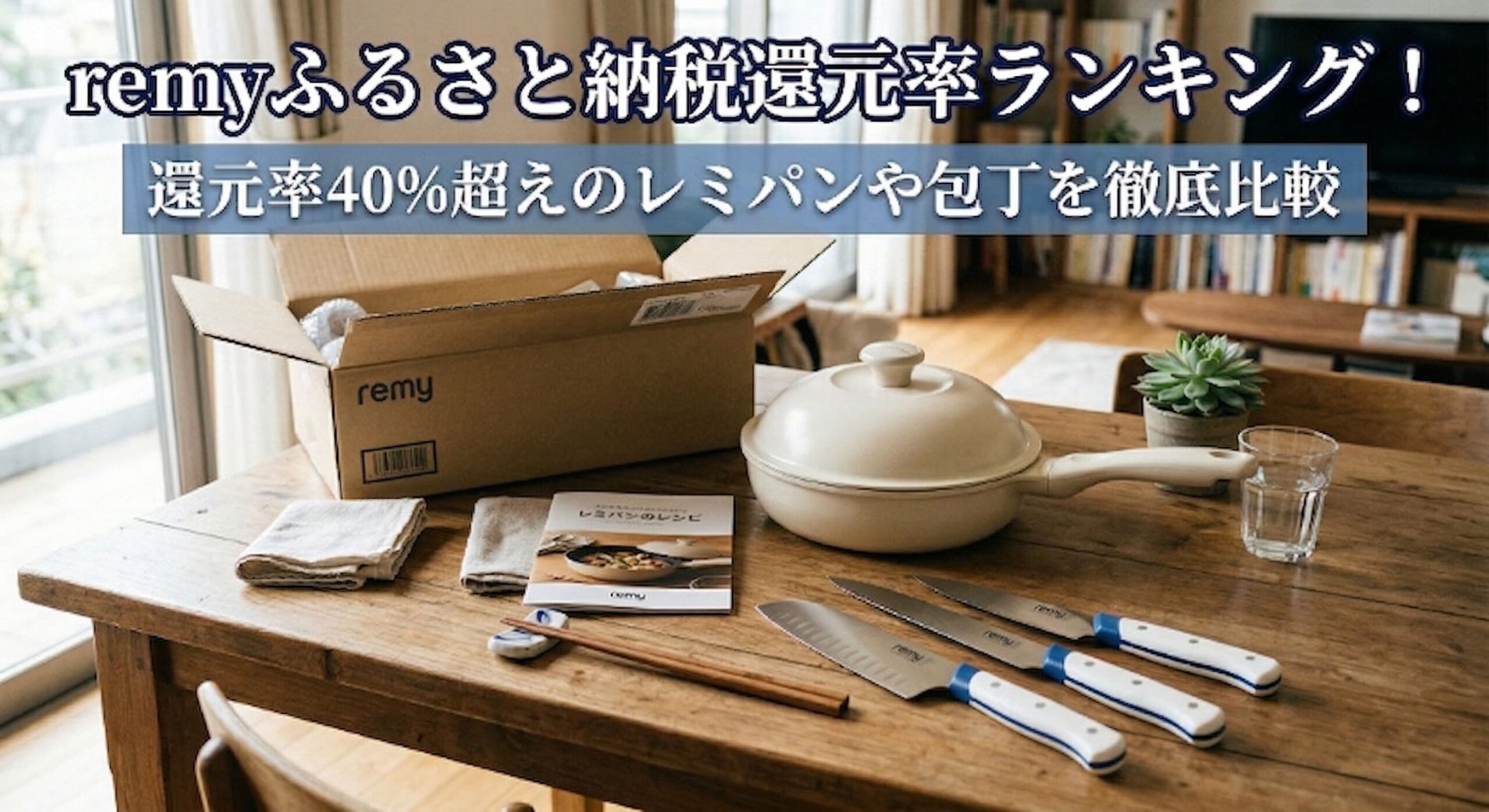 ふるさと納税でレミパンやremyの包丁が届いて自宅のテーブルで開封している画像