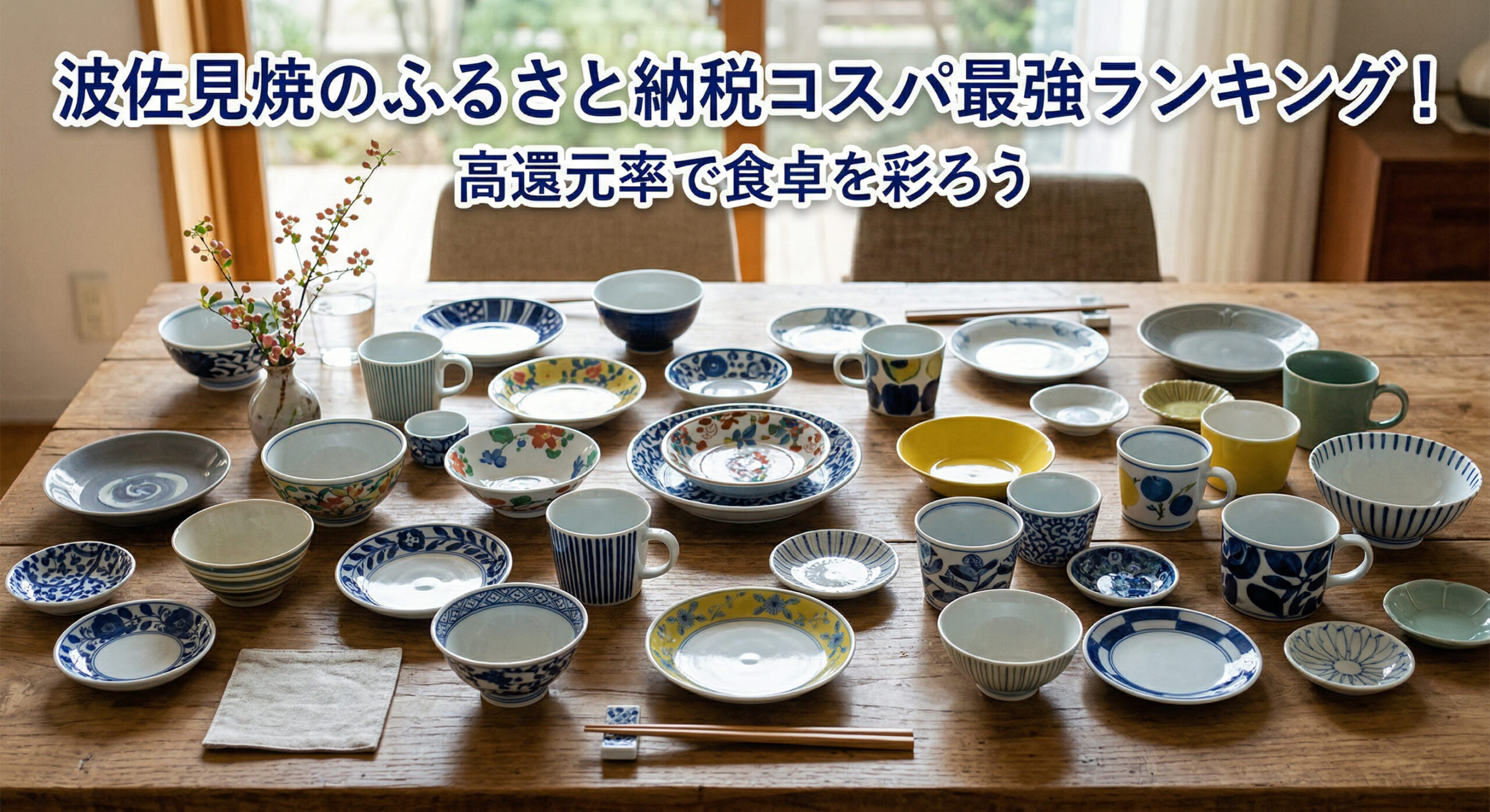 波佐見焼がふるさと納税の返礼品として届き、自宅のテーブルに広げている画像