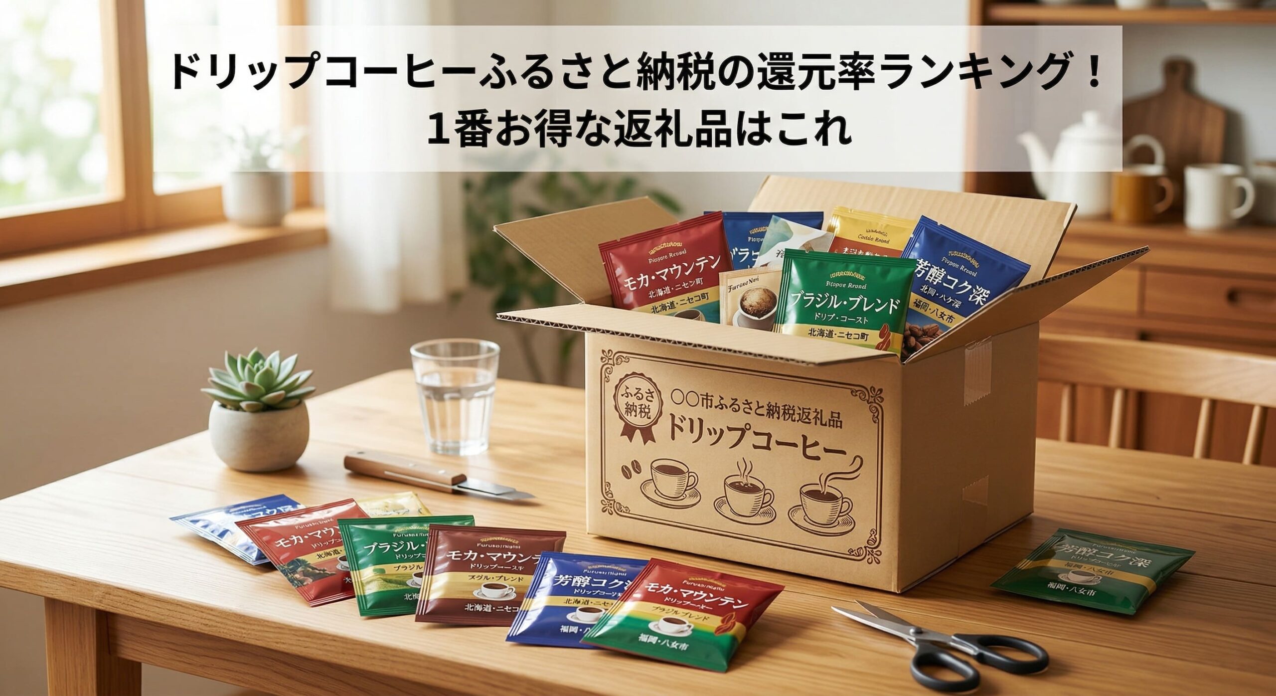 ふるさと納税から届いたドリップコーヒーを自宅のテーブルで開封している画像