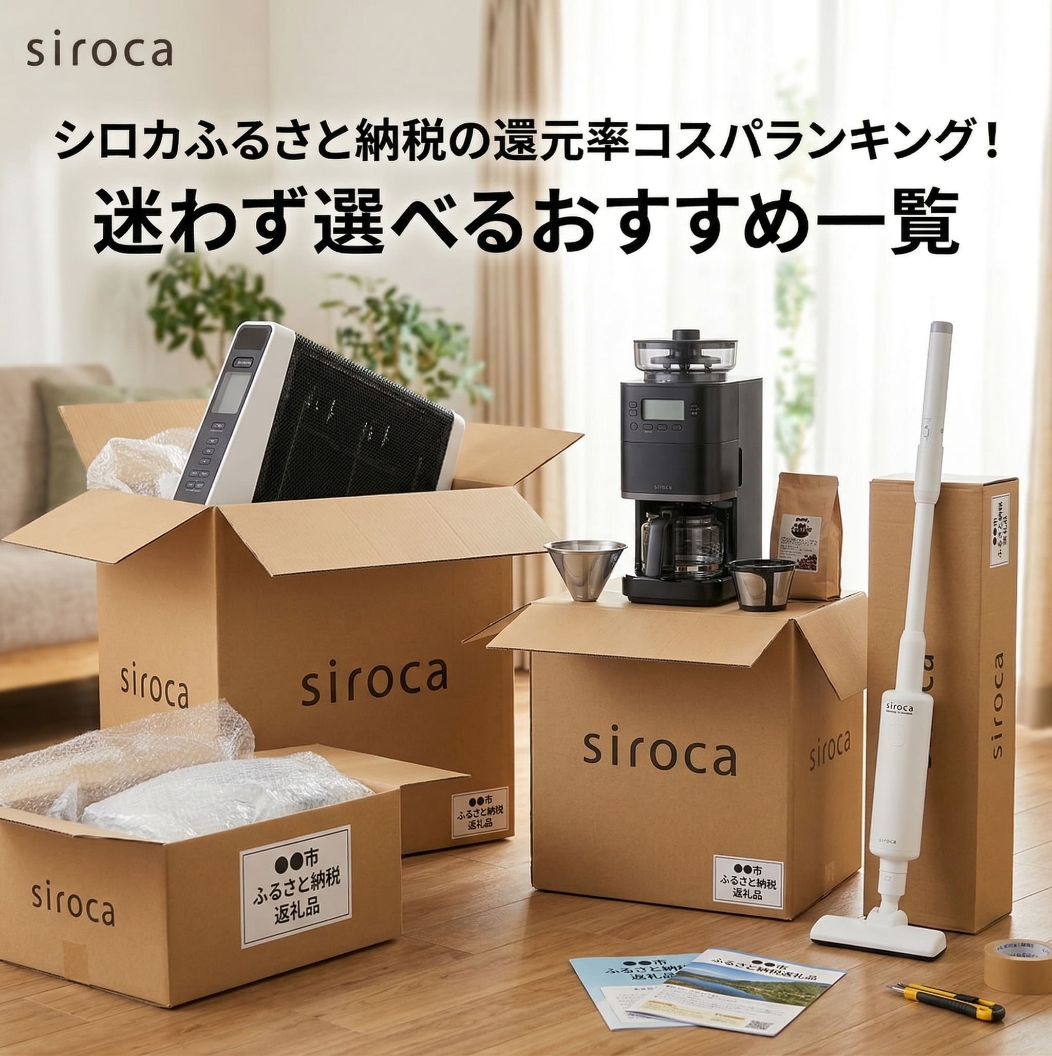 ふるさと納税で届いたシロカの商品を自宅のテーブルに並べている画像