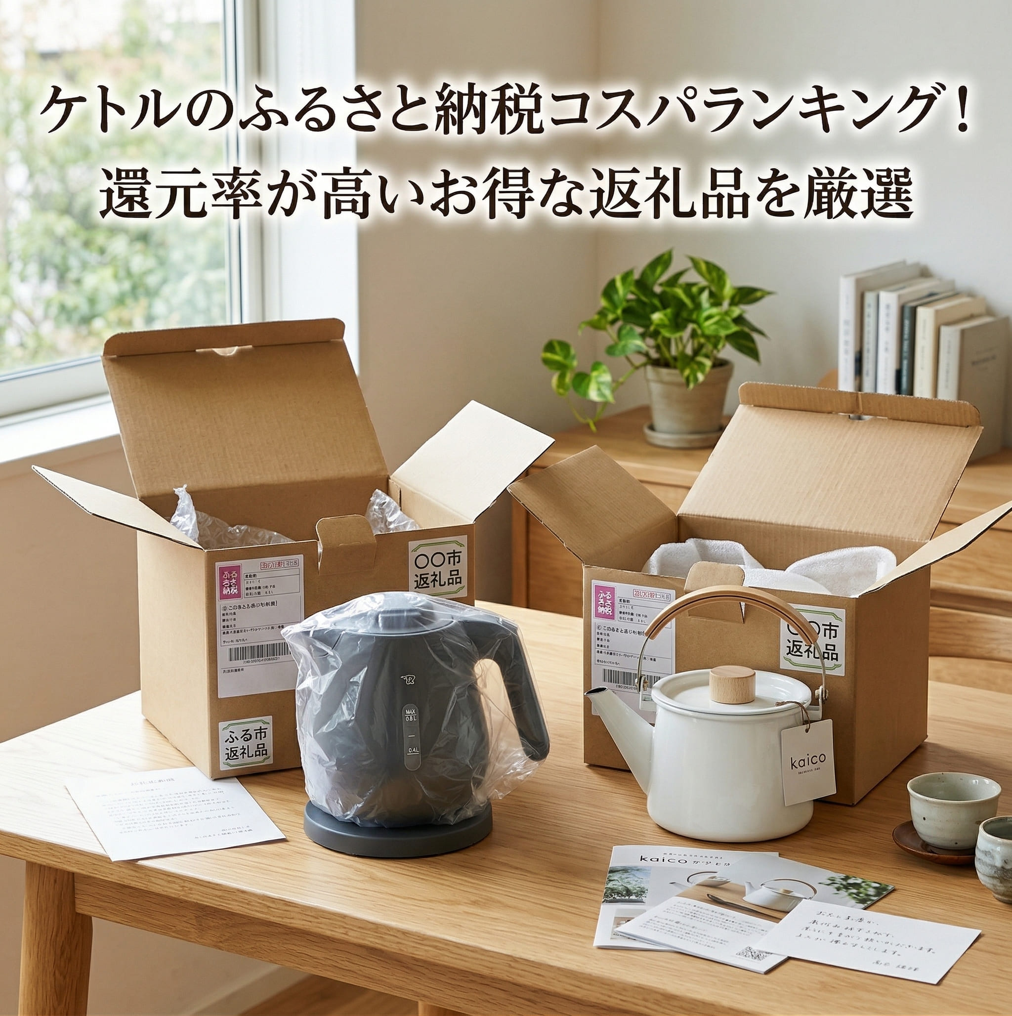 ケトルがふるさと納税で届き自宅で開封している画像
