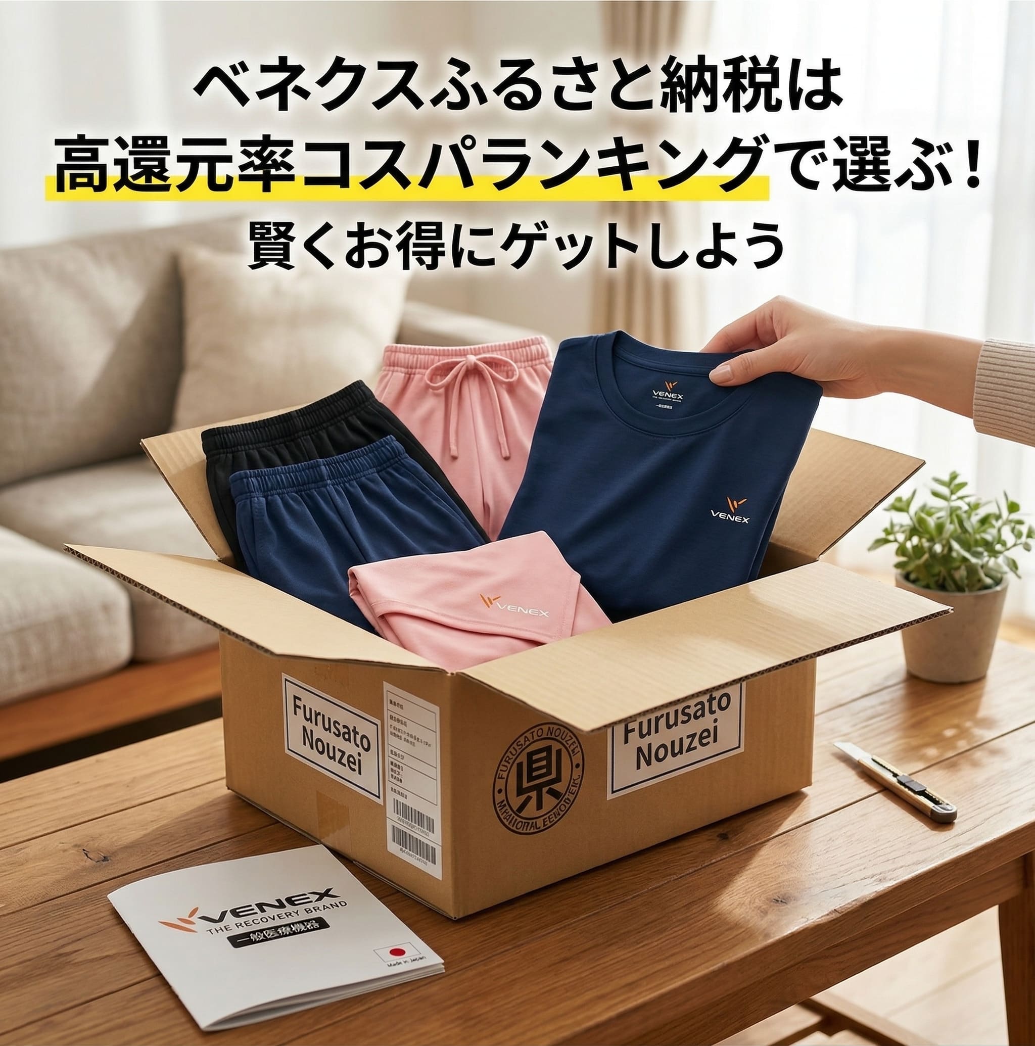 ベネクスの商品がふるさと納税で届き自宅で開封している画像