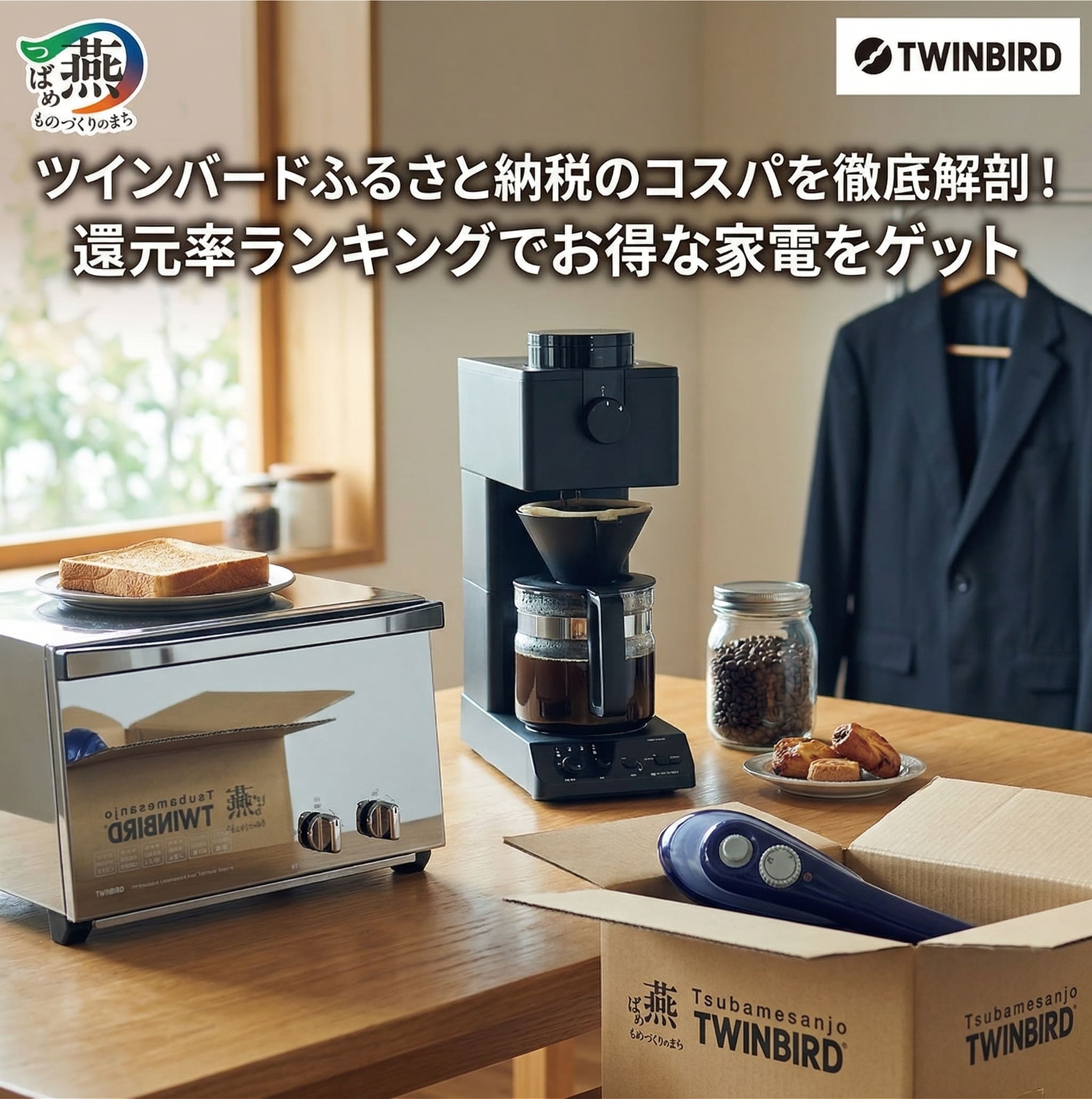 ふるさと納税で頼んだツインバードの商品を自宅のテーブルに広げている画像